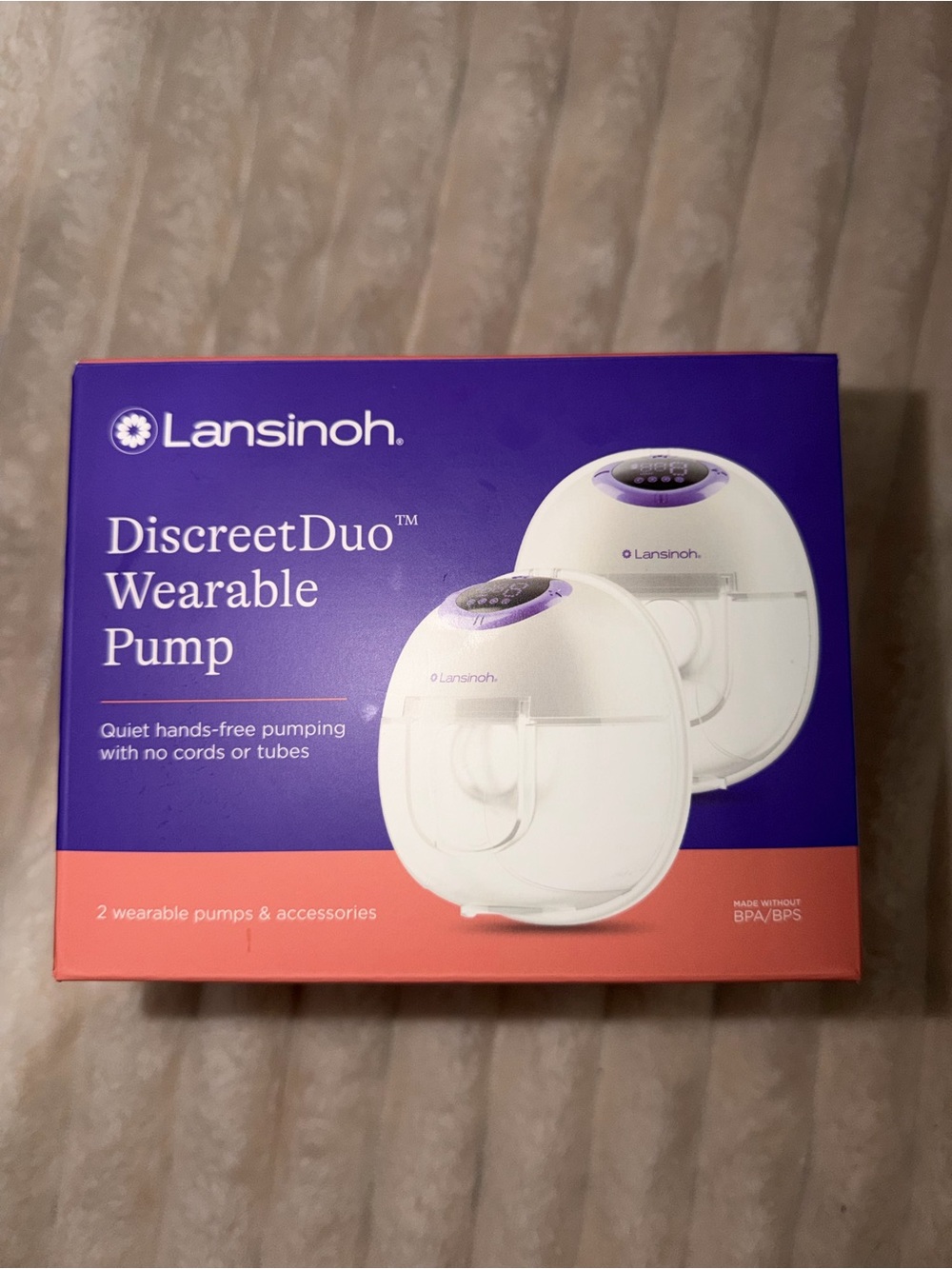 Lansinoh DiscreetDuo Wearable Pump - White with Purple and Coral Box Accents